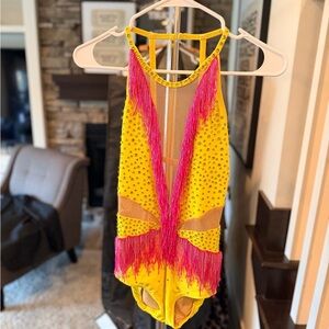 Custom ilogear dance costume. Yellow & Hot Pink Fringe Dance Leotard